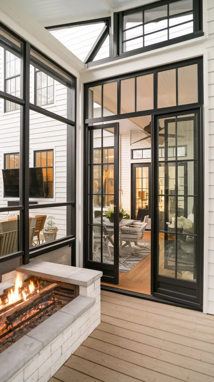 Sunroom bliss: fireplace warmth, screened-in views, and endless relaxation.