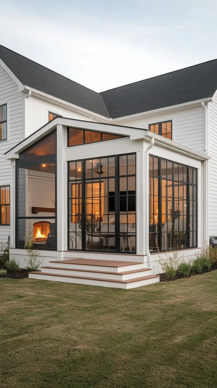 Cozy up by the fireplace in my sunroom, no matter the season.