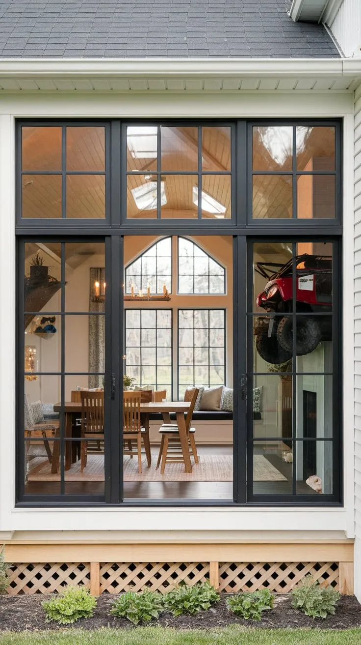 Sunroom serenity: fireplace warmth meets four-season views.