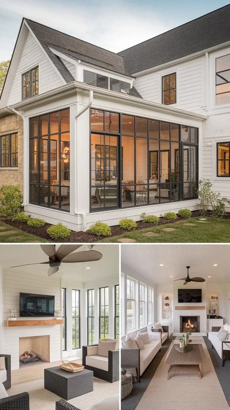 Sunroom bliss: fireplace warmth meets endless sunshine.