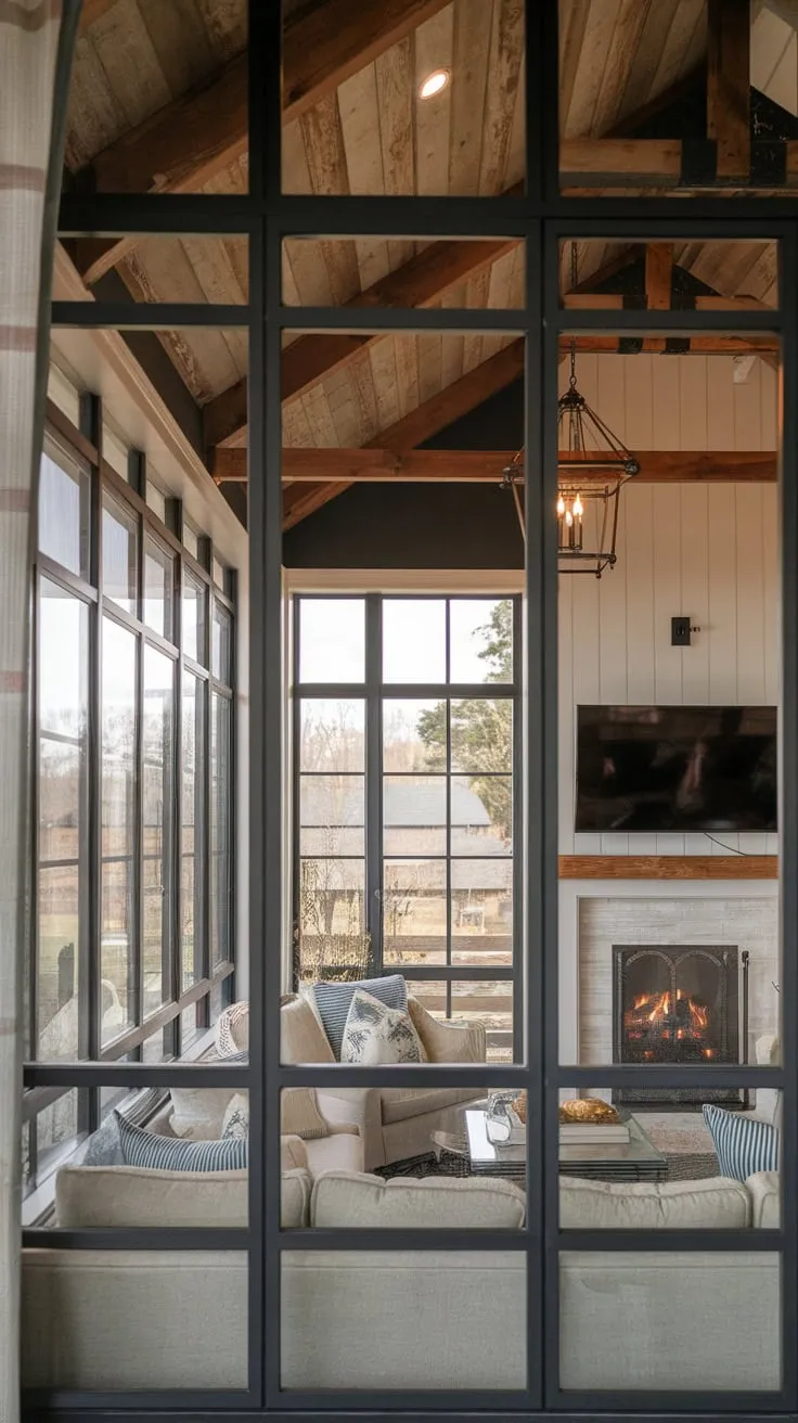 Four-season bliss: fireplace warmth meets sunroom serenity.