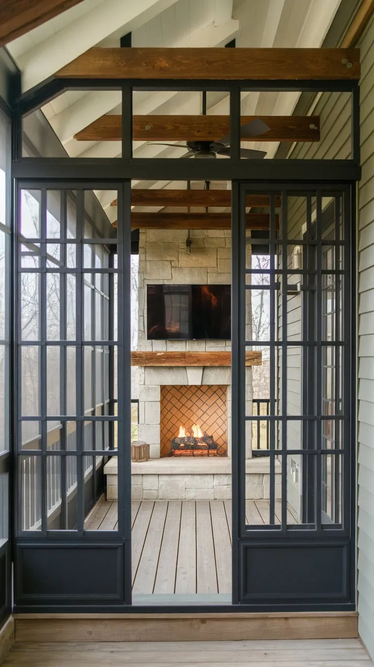 Stone fireplace meets screen porch perfection.