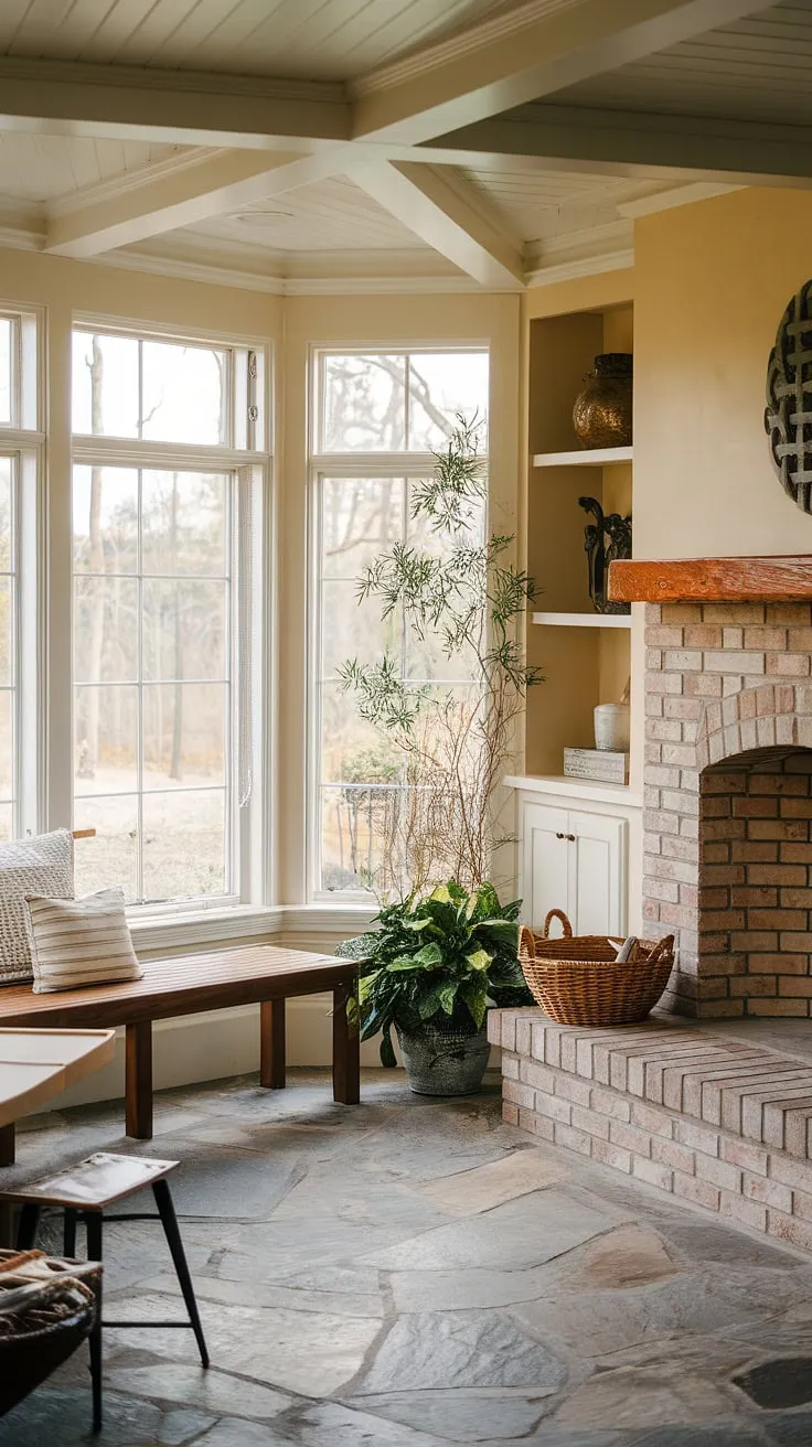 Imagine crisp autumn evenings spent in this idyllic sunroom. The sunroom fireplace provides the perfect sunroom heating, while the large windows offer breathtaking views, blurring the lines between indoor and outdoor living. This backyard fireplace's visual presence enhances the sunroom design, creating a space where sunroom decor and fireplace design beautifully intertwine.  The cozy sunroom is a testament to thoughtful sunroom features and the art of indoor-outdoor living.
