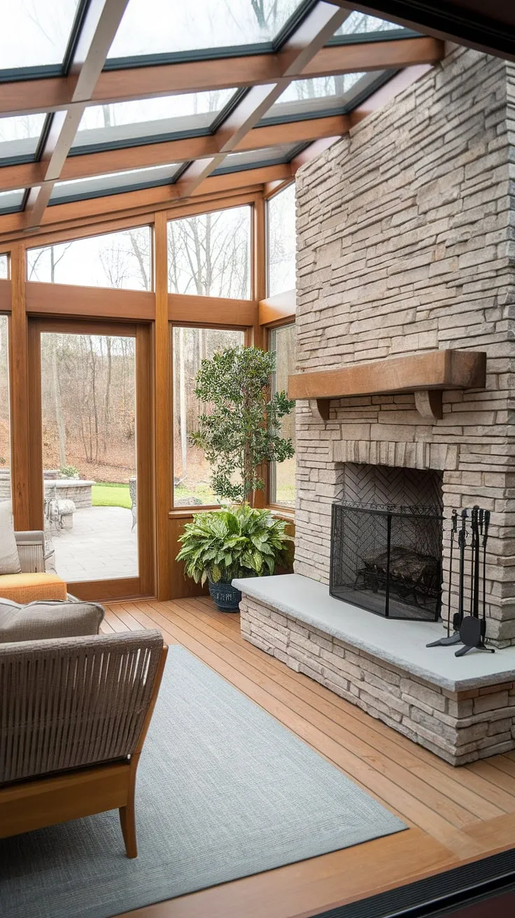 Escape to tranquility in this cozy sunroom, where the warmth of the sunroom fireplace complements the inviting glow of the outdoor fireplace, creating the perfect indoor-outdoor living experience.  The thoughtful sunroom design, featuring a glass ceiling and stunning fireplace design, seamlessly blends indoor comfort with breathtaking backyard views.  Note the clever sunroom heating solution and other sunroom features, like the rustic wooden door leading to the patio.