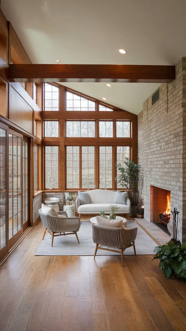 Warm lighting and a stunning wood slat wall create the perfect backdrop for cozy movie nights. This feature wall living room, complete with a wooden TV wall and tasteful TV wall decor, elevates the space from ordinary to extraordinary. The wall behind the TV is a true focal point, showcasing the beauty of natural wood.