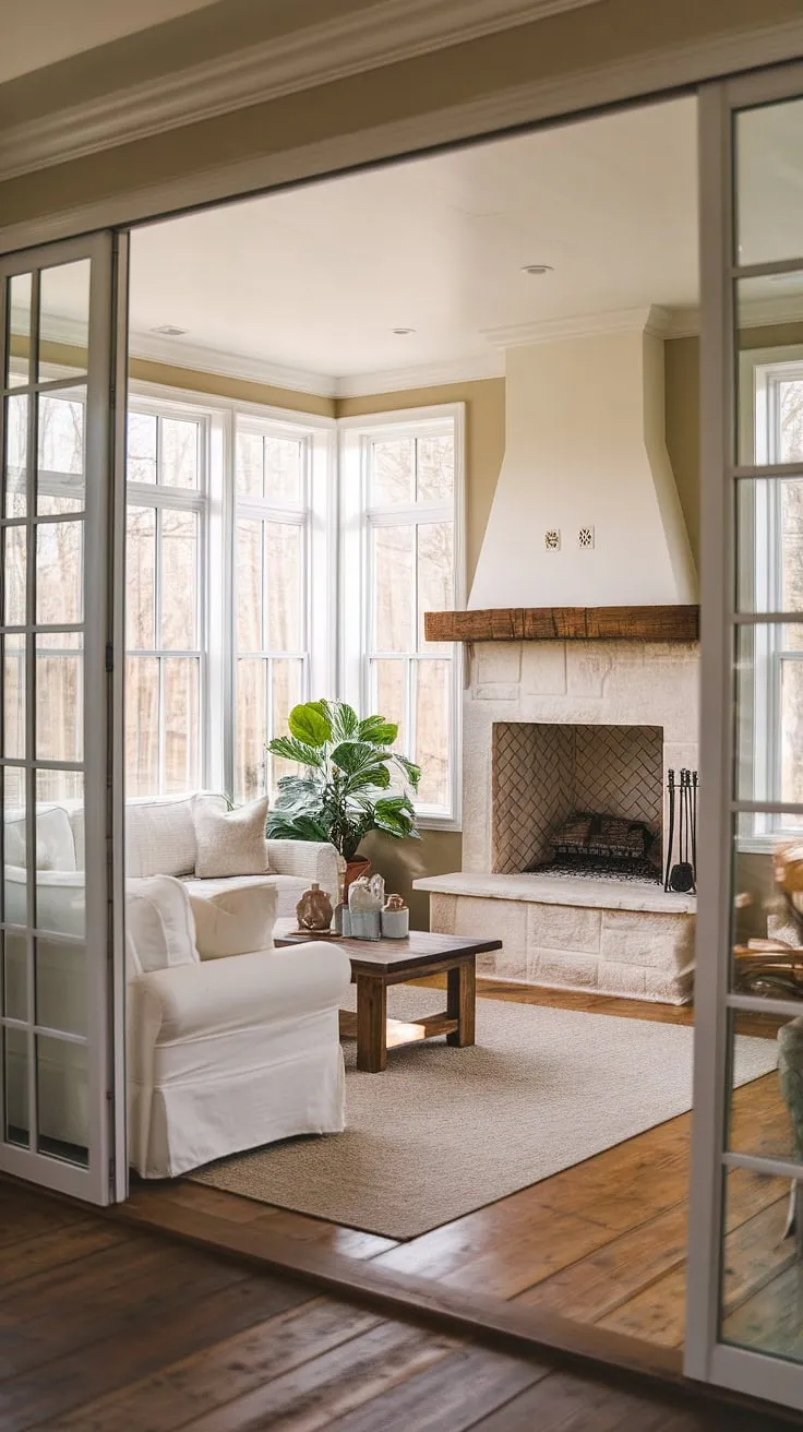 This feature wall living room is elevated by a stunning wooden TV wall. The wood slat wall behind the TV creates a warm and inviting focal point, perfectly complemented by the tv wall decor and the lush greenery.  The design seamlessly blends natural textures with modern comfort.