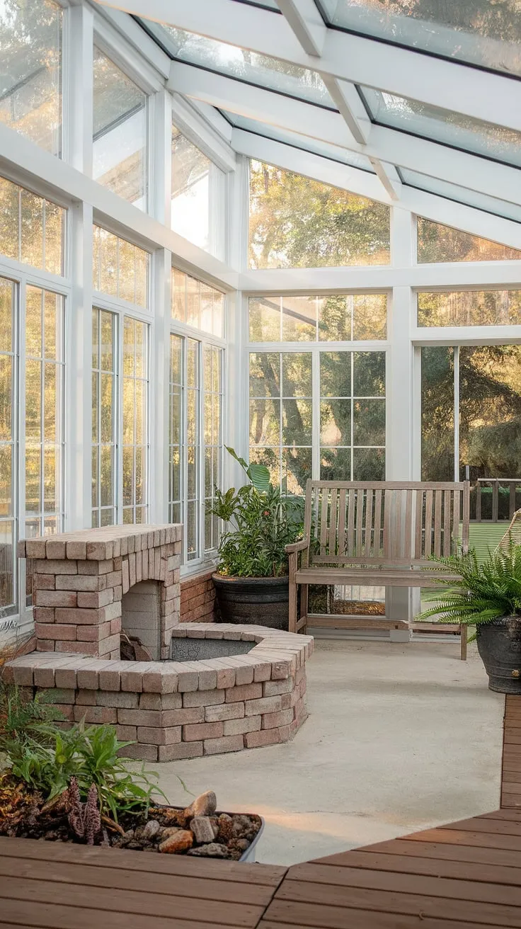 Escape to tranquility in this cozy sunroom, where the warmth of a sunroom fireplace complements the inviting glow of the outdoor fireplace.  The seamless indoor-outdoor living, enhanced by thoughtful sunroom design and sunroom decor, creates a perfect blend of comfort and style.  Note the clever sunroom heating solution and unique fireplace design, all contributing to this idyllic backyard fireplace retreat.  The sunroom features, including floor-to-ceiling windows and a wooden bench, complete this serene escape.