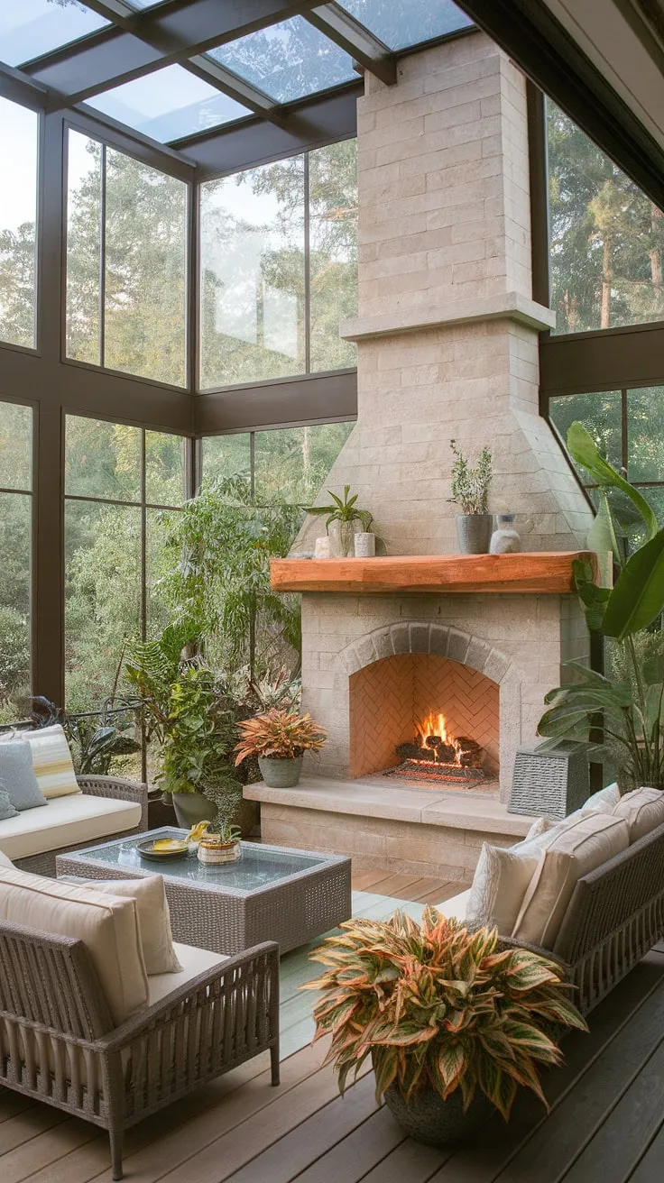 Indulge in the ultimate indoor-outdoor living experience. This cozy sunroom, complete with a stunning stone outdoor fireplace, offers a seamless transition between nature and comfort.  The fireplace design, a focal point of the sunroom decor, provides both warmth and ambiance, making it the perfect spot for relaxation.  Sunroom heating is effortless with this backyard fireplace, a key sunroom feature enhancing the sunroom design.