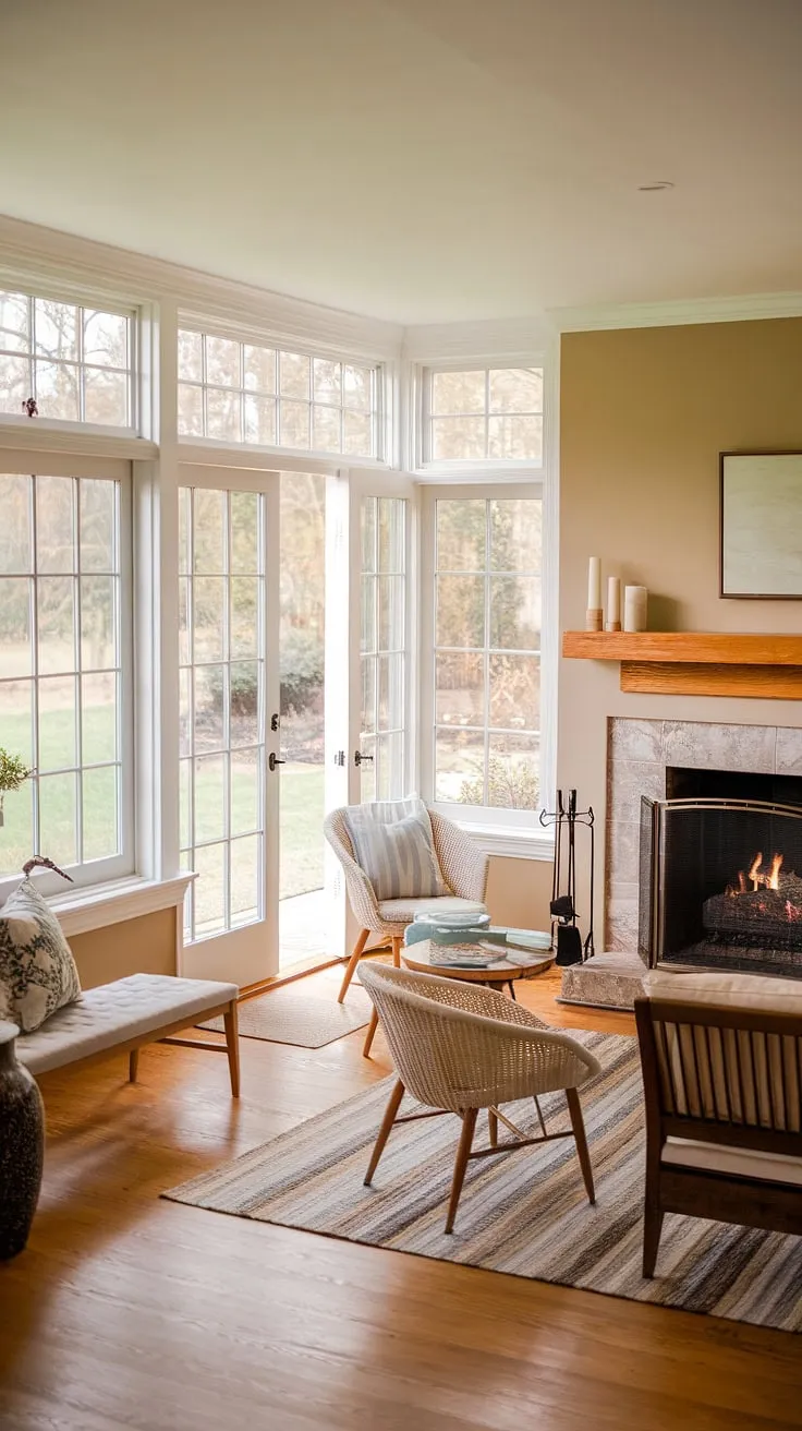 Escape to tranquility in this cozy sunroom, where the warmth of the sunroom fireplace dances with the inviting glow of the outdoor fireplace visible through the expansive windows.  The thoughtful sunroom design, featuring a stunning fireplace design and clever sunroom heating, seamlessly blends indoor-outdoor living, creating a perfect space for relaxation.  Note the charming sunroom decor and sunroom features, including the convenient access to the backyard.