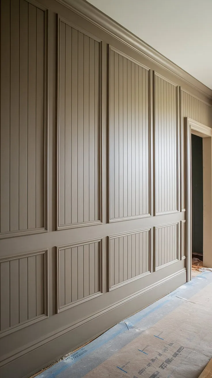 Transforming this space with dramatic, floor-to-ceiling tall wainscoting.  This board and batten design, a testament to DIY wainscoting, is perfect for a dining room wainscoting or even a wainscoting bathroom—the possibilities are endless!  The new wall is coming along nicely, showcasing the versatility of wainscoting styles.  Room remodeling at its finest.