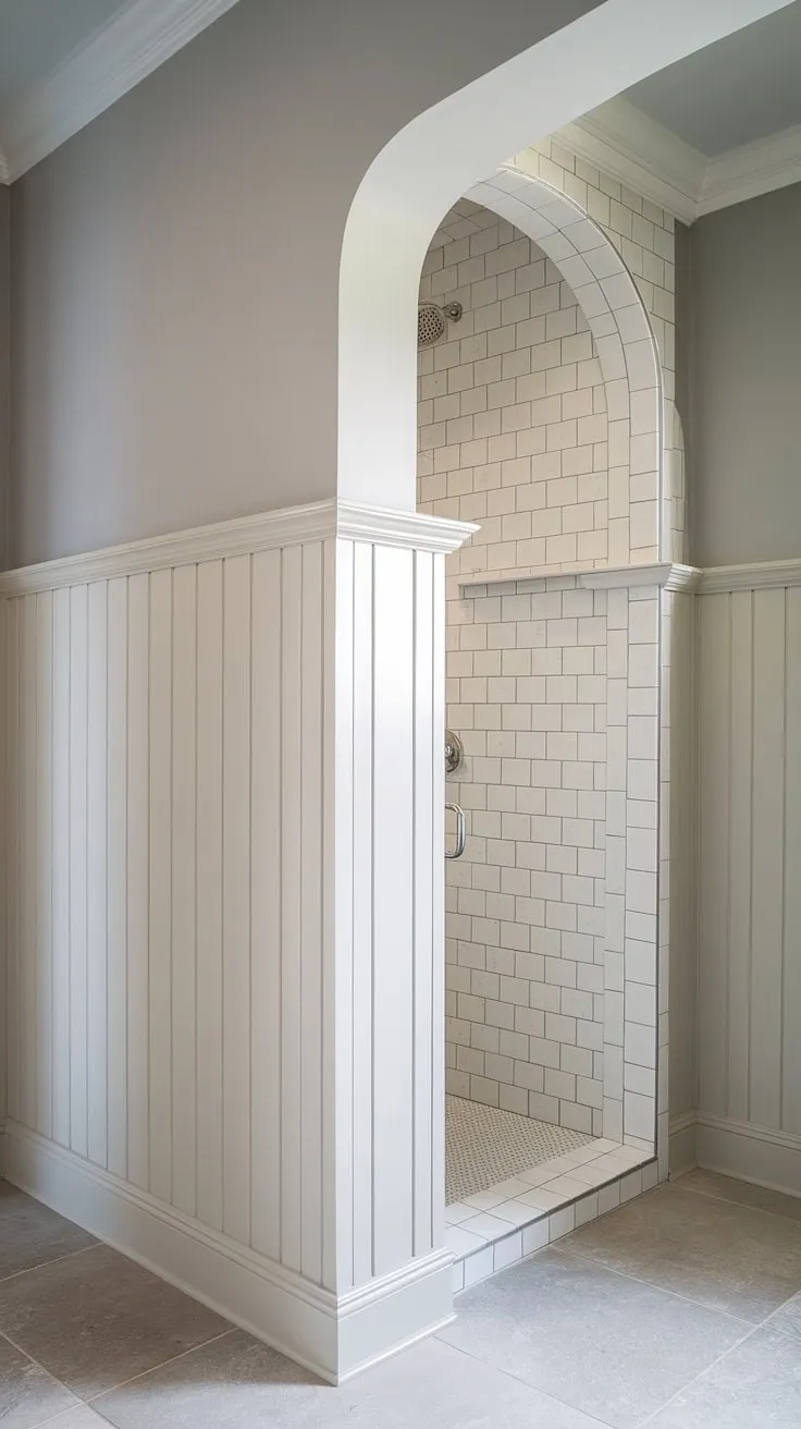 This stunning bathroom transformation showcases the dramatic impact of tall wainscoting.  The board and batten style, extending to the ceiling, creates a new wall and elevates the space.  A perfect example of DIY wainscoting, this room remodeling project proves that even a small bathroom can benefit from bold wainscoting styles.  Imagine this same effect in a dining room wainscoting project!