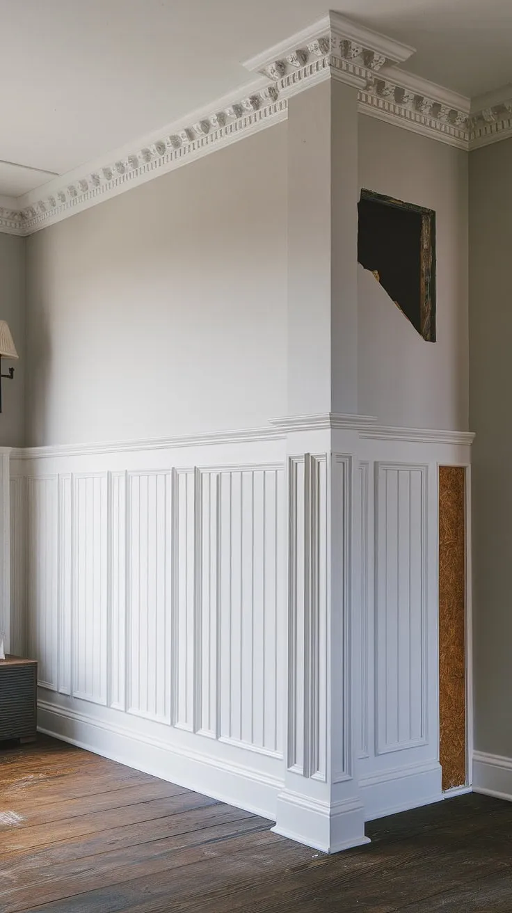 This room remodel is all about the details!  The striking tall wainscoting, a DIY board and batten masterpiece, adds texture and sophistication.  From wainscoting bathroom ideas to dining room wainscoting inspiration, this project proves the versatility of this classic design element.  The addition of the new wall, complete with a door opening, completes the transformation.  Consider this your guide to exploring various wainscoting styles.