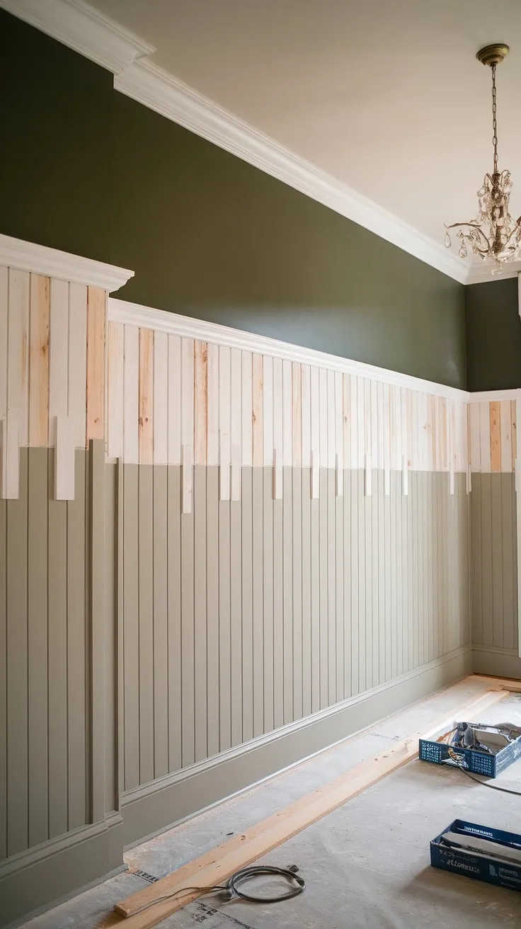 This stunning board and batten wainscoting, extending from floor to ceiling on a new wall, is the centerpiece of this room remodeling project.  The combination of beige and dark green, along with the white upper section, makes this DIY wainscoting a showstopper, ideal for a dining room wainscoting or any space needing a touch of classic elegance.