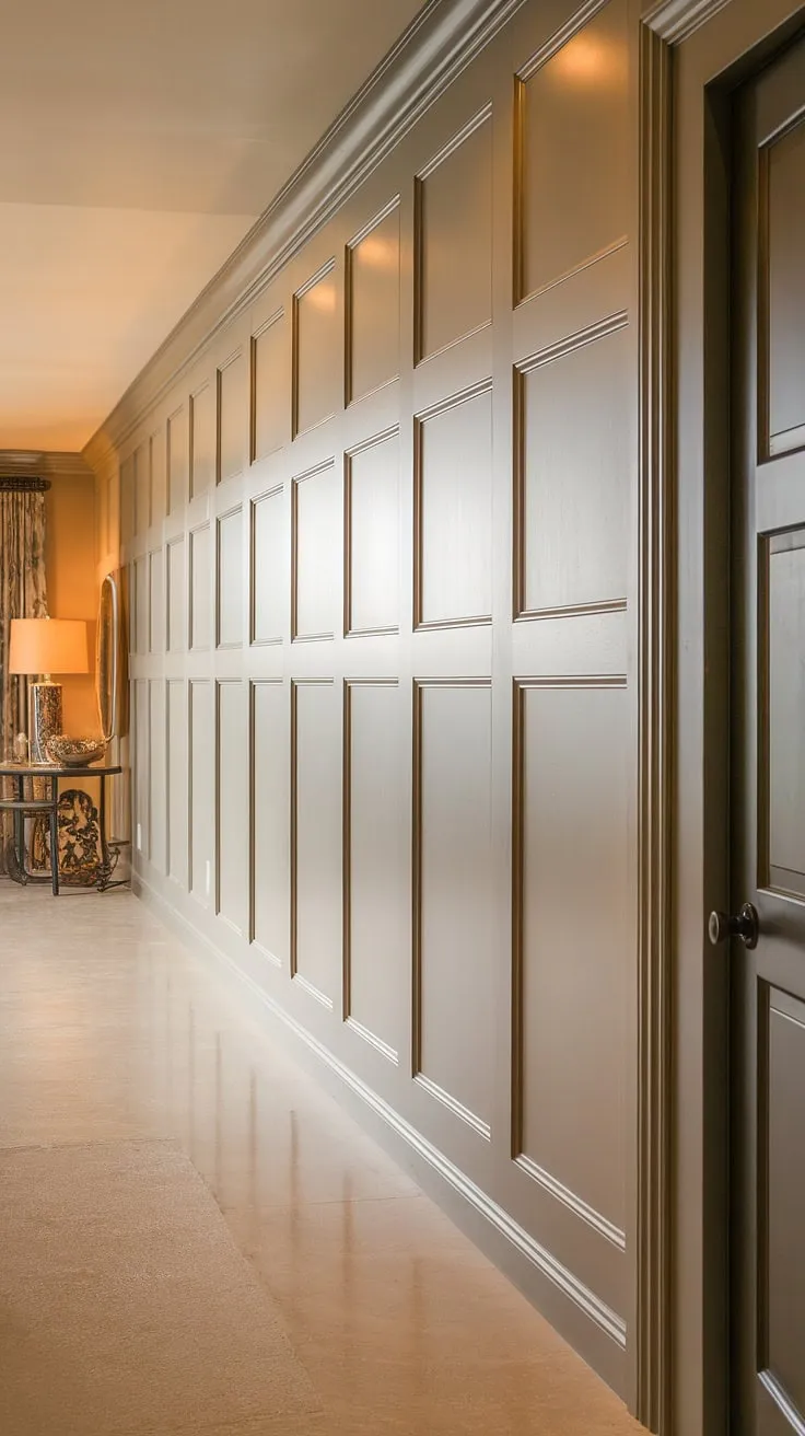 Warm lighting highlights the dramatic effect of this tall wainscoting on a new wall.  We chose a classic board and batten design for its timeless appeal, a perfect example of how versatile wainscoting styles can be in room remodeling.  Imagine this in your dining room wainscoting or even a wainscoting bathroom—the possibilities are endless with this DIY wainscoting project.