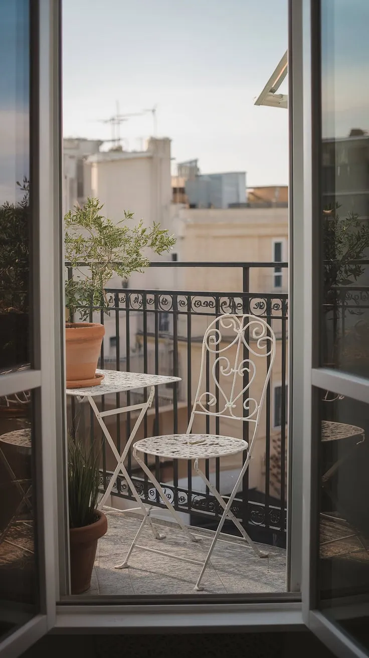 Maximize your terrace apartment's potential with this inspiring small balcony decor. This small balcony setup features a delicate white wrought iron chair and table, perfect furniture for a small balcony. The addition of a potted plant brings life to this balcony designs example, offering creative balcony ideas for small spaces. Learn how to decorate a small balcony with this apartment terrace design, perfect for those seeking small porch ideas. This image provides excellent balcony ideas and demonstrates how to create a relaxing retreat, even in a limited space, offering valuable terrace apartment ideas.