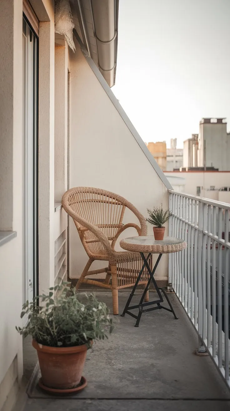 Sunlight softly illuminates this charming terrace apartment, showcasing a delightful small balcony decor. The white railing frames a cityscape view, while a wicker chair and small table, perfect examples of furniture for small balcony spaces, create a cozy seating area. A potted plant adds a touch of nature to this clever apartment terrace design, offering inspiration for balcony ideas and small porch ideas. This small balcony setup demonstrates creative balcony ideas and provides practical tips on how to decorate a small balcony, making it a perfect example of terrace apartment ideas and balcony designs for those seeking inspiration for their own small space.