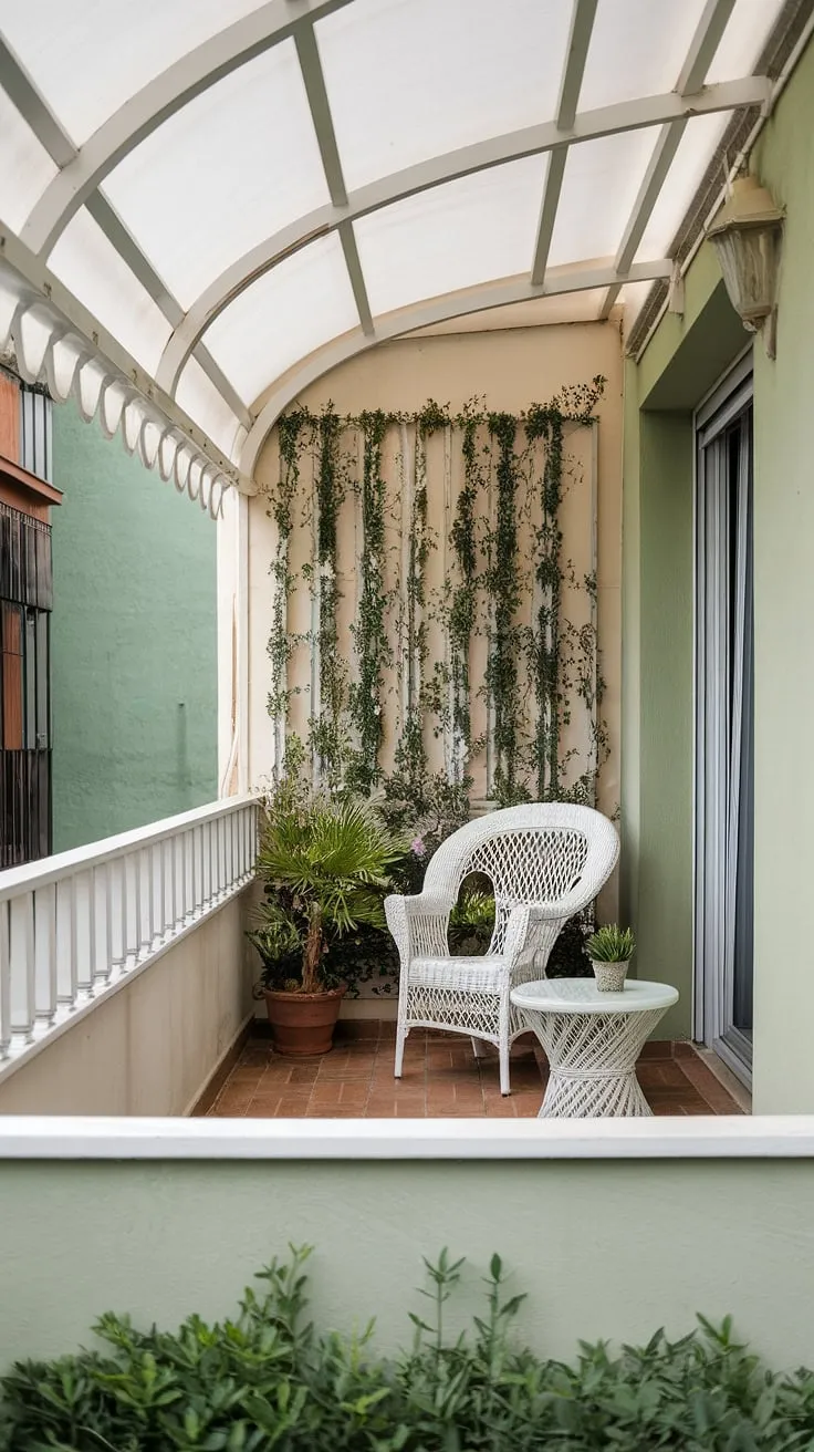 Transform your terrace apartment with this inspiring small balcony setup. This small balcony decor features a white wicker chair and table, perfectly sized for a cozy retreat. The green wall backdrop and white canopy create a serene atmosphere, offering excellent balcony ideas and balcony designs for those seeking creative balcony ideas. This apartment terrace design showcases how to decorate a small balcony, providing practical furniture for small balcony and small porch ideas for maximizing space. Explore these terrace apartment ideas for your own urban oasis.