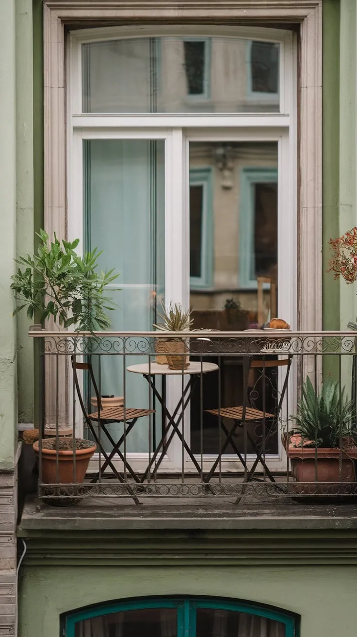 This terrace apartment's small balcony, a perfect example of apartment terrace design, showcases creative balcony ideas and how to decorate a small balcony. The small balcony setup, with its furniture for small balcony and potted plants, offers inspiring balcony ideas and small porch ideas for maximizing space.