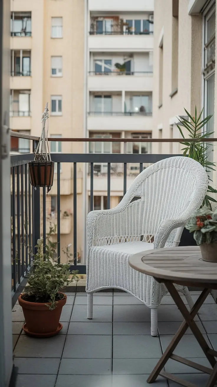 Maximize your space with this inspiring small balcony setup in a charming terrace apartment. This apartment terrace design features a white wicker chair and wooden table, demonstrating clever furniture for small balcony living. The potted plant adds a touch of nature to this small balcony decor, offering creative balcony ideas and practical small porch ideas. Learn how to decorate a small balcony with this example of balcony designs and terrace apartment ideas, showcasing effective solutions for small balcony setup in a limited space.