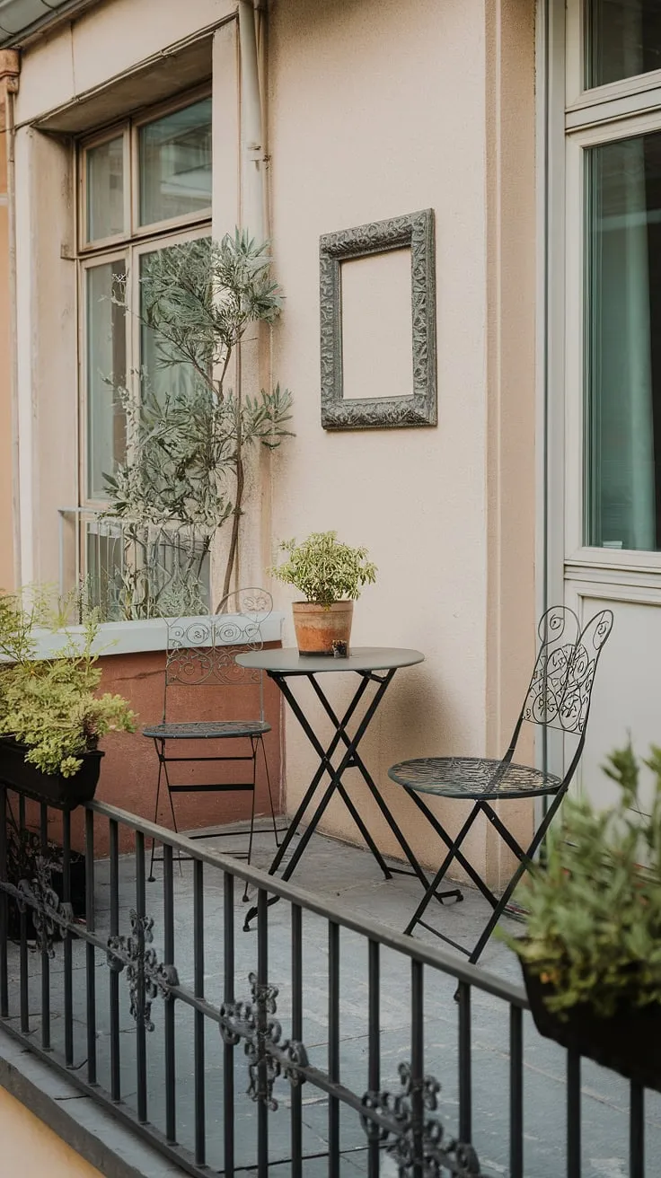 This charming terrace apartment boasts a delightful small balcony decor, showcasing clever apartment terrace design. The small balcony setup, featuring furniture for small balcony, includes a round table and two chairs, perfect for enjoying a morning coffee. The decorative frame and ornate railing add personality to this balcony designs, offering inspiration for balcony ideas and small porch ideas. This creative balcony ideas demonstrates how to decorate a small balcony, maximizing space and style. It's a perfect example of terrace apartment ideas for those seeking small balcony setup solutions.