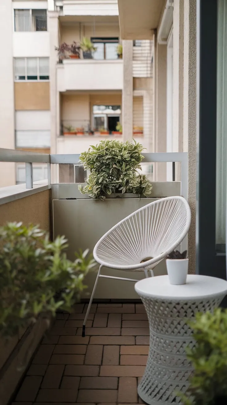 This terrace apartment boasts a charming small balcony, showcasing minimalist decor with a white chair and table, complemented by a touch of green. This small balcony setup offers inspiration for apartment terrace design, providing creative balcony ideas and demonstrating how to decorate a small balcony effectively. The balcony designs are perfect examples of furniture for small balcony spaces, offering practical small porch ideas for maximizing limited outdoor areas. This is a great example of terrace apartment ideas and balcony ideas for those looking for stylish and functional small balcony decor.