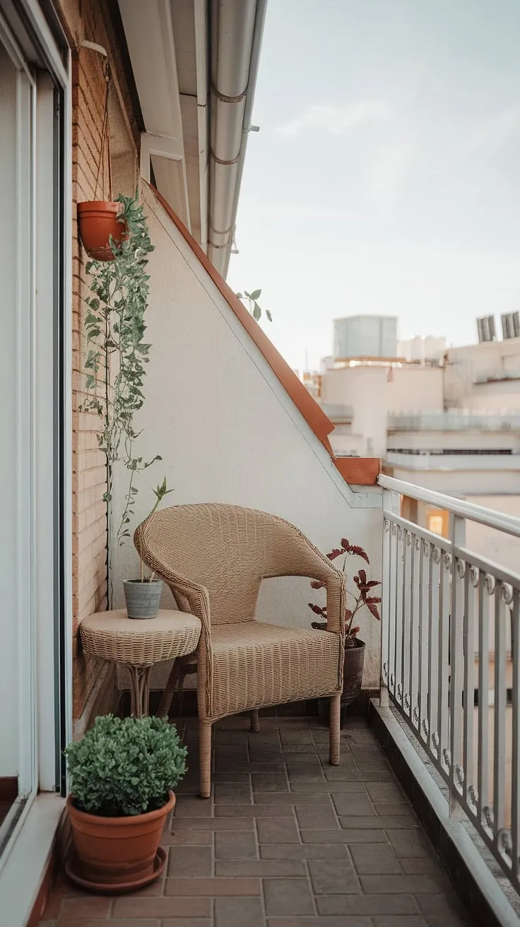 Urban oasis found: This terrace apartment's small balcony decor proves that even the smallest space can be a stylish retreat. Clever furniture for small balconies and creative balcony ideas transform this apartment terrace design into a perfect spot for relaxation.