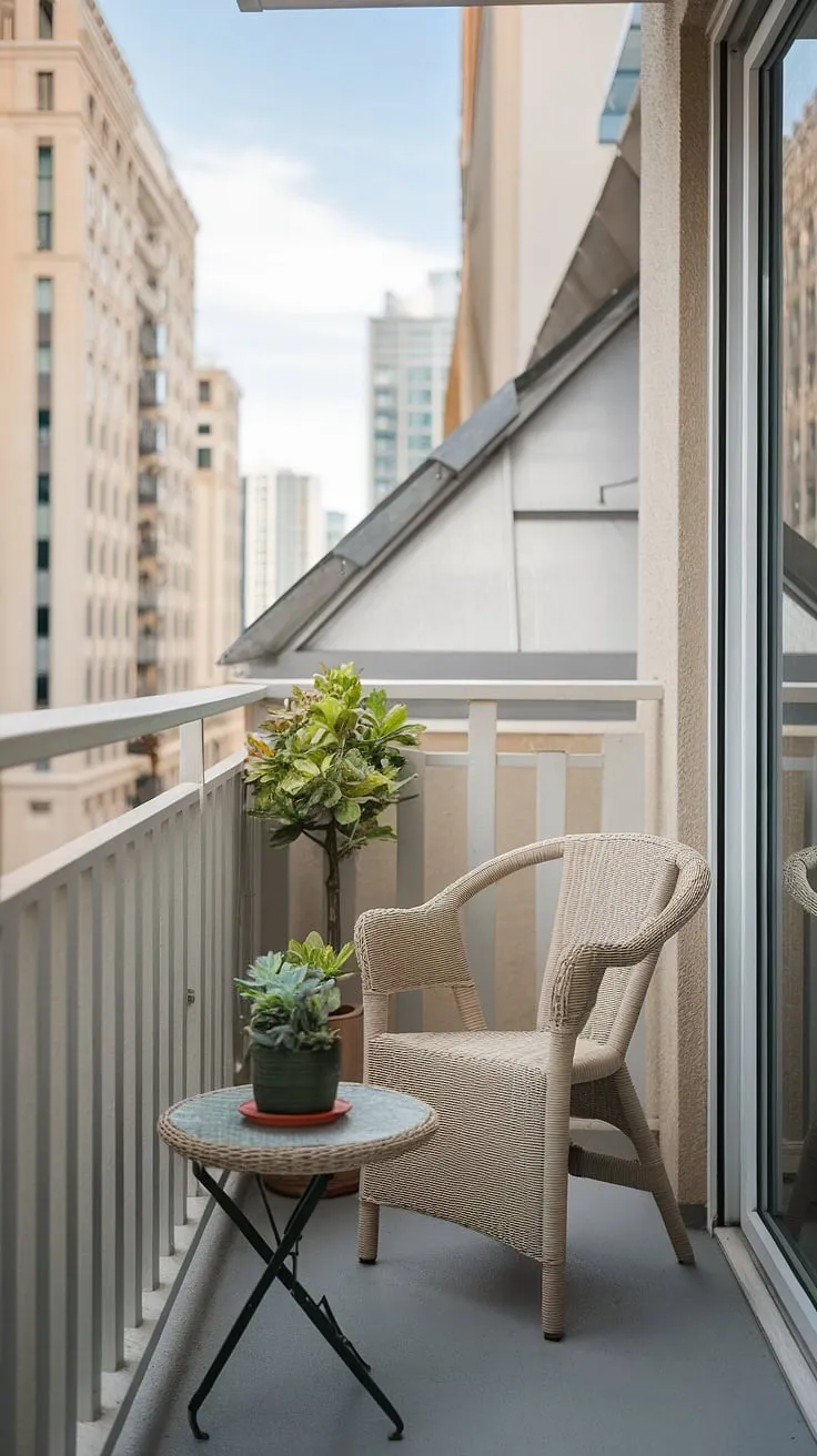 This terrace apartment boasts a charming small balcony, showcasing clever apartment terrace design. The wicker chair and small table, accented with a potted plant, offer a cozy small balcony setup. This is a perfect example of balcony ideas for maximizing space, demonstrating how to decorate a small balcony with stylish furniture for small balconies. The white railing complements the cityscape view, providing inspiration for balcony designs and small porch ideas. It's a testament to creative balcony ideas and offers practical terrace apartment ideas for those seeking efficient small balcony decor.