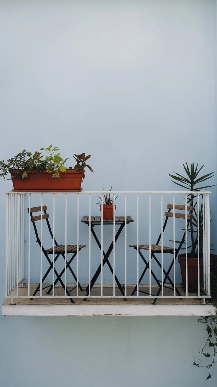 Maximize your terrace apartment space with this inspiring small balcony setup. This small balcony decor features a simple yet elegant design, incorporating potted plants and compact furniture. The light blue wall and white railing create a calming atmosphere, showcasing creative balcony ideas for small spaces. This apartment terrace design offers practical balcony ideas and demonstrates how to decorate a small balcony effectively. Finding the right furniture for a small balcony is key, and this example provides excellent small porch ideas for those seeking balcony designs that make the most of limited space.