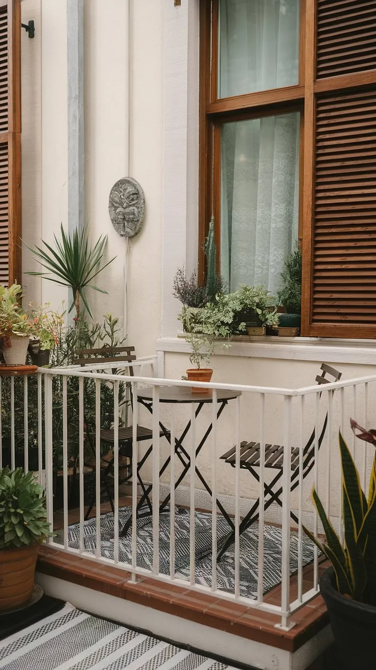 This charming terrace apartment boasts a delightful small balcony, showcasing clever small balcony decor and apartment terrace design. The small balcony setup, featuring furniture for small balcony living, includes a round table and two chairs, perfect for enjoying a morning coffee. The potted plant adds a touch of greenery, illustrating creative balcony ideas and offering inspiration for balcony designs and small porch ideas. Learn how to decorate a small balcony with this space-saving yet stylish small balcony setup. This is a prime example of terrace apartment ideas.