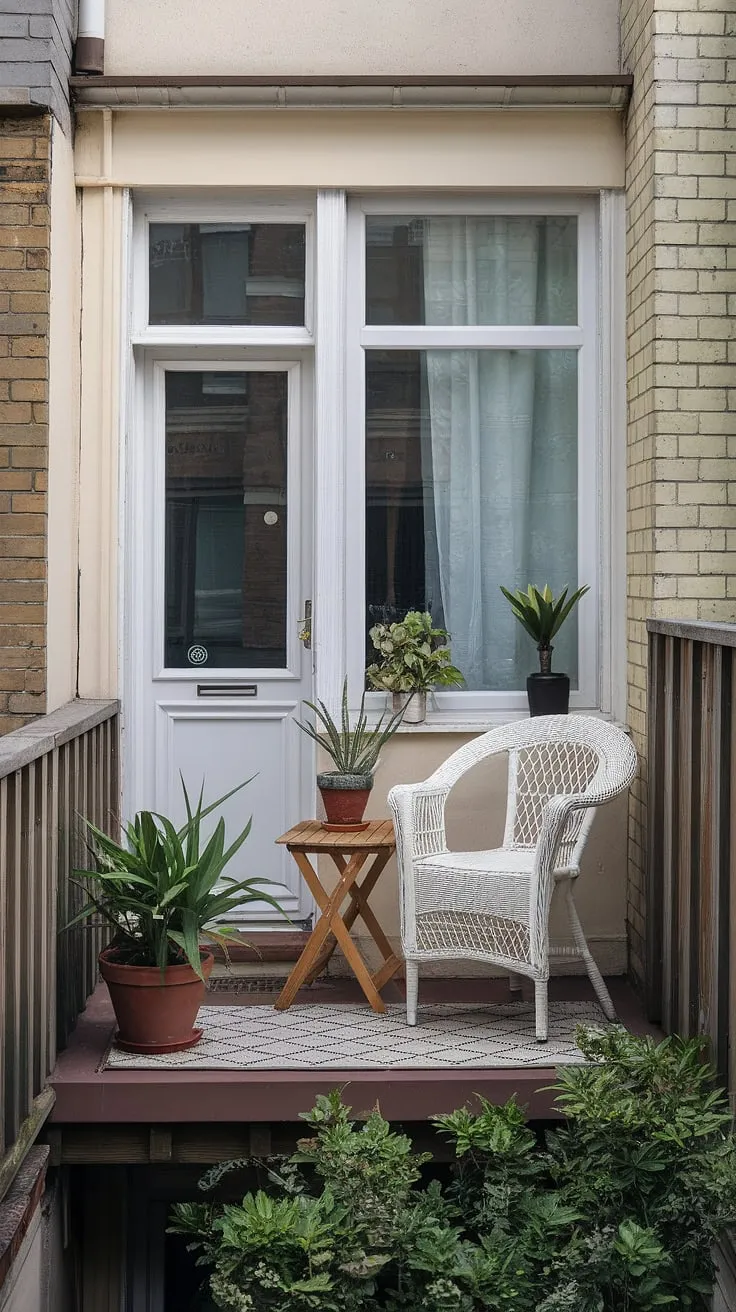 Maximize your space with this inspiring small balcony setup in a terrace apartment. This apartment terrace design features a white wicker chair and small wooden table, perfect examples of furniture for small balconies. The simple yet elegant small balcony decor showcases creative balcony ideas and how to decorate a small balcony, even in a confined space. The brick wall and wooden fence provide a unique backdrop, highlighting the potential of balcony designs and small porch ideas for terrace apartment ideas. This is a perfect example of how to make the most of a small balcony.