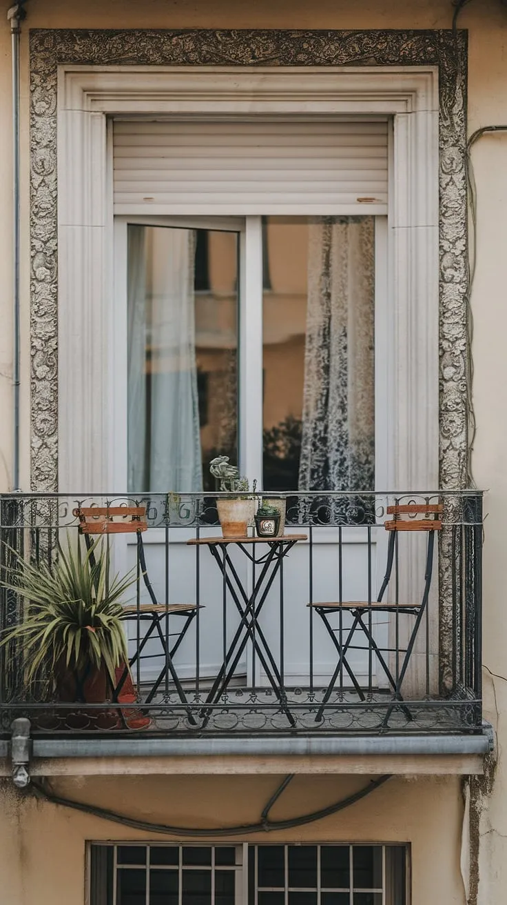 Maximize your terrace apartment living with this inspiring small balcony setup. This small balcony decor features functional furniture for small balcony, perfectly sized for the space. The decorative wall adds personality to this apartment terrace design, while the plant brings life to the scene. Explore these balcony ideas and small porch ideas for your own creative balcony ideas. Learn how to decorate a small balcony with this elegant and efficient balcony designs. This is a prime example of terrace apartment ideas for small spaces.