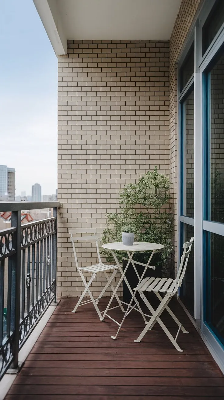 Maximize your urban living with this terrace apartment and its inspiring small balcony decor. This small balcony setup, featuring a white bistro set and a potted plant, proves that even the smallest space can be transformed into a relaxing oasis. Explore these balcony ideas and apartment terrace design elements for your own home. Learn how to decorate a small balcony with this example of creative balcony ideas and small porch ideas, showcasing smart furniture for small balconies and elegant balcony designs. This terrace apartment ideas demonstrates how to make the most of a small balcony.