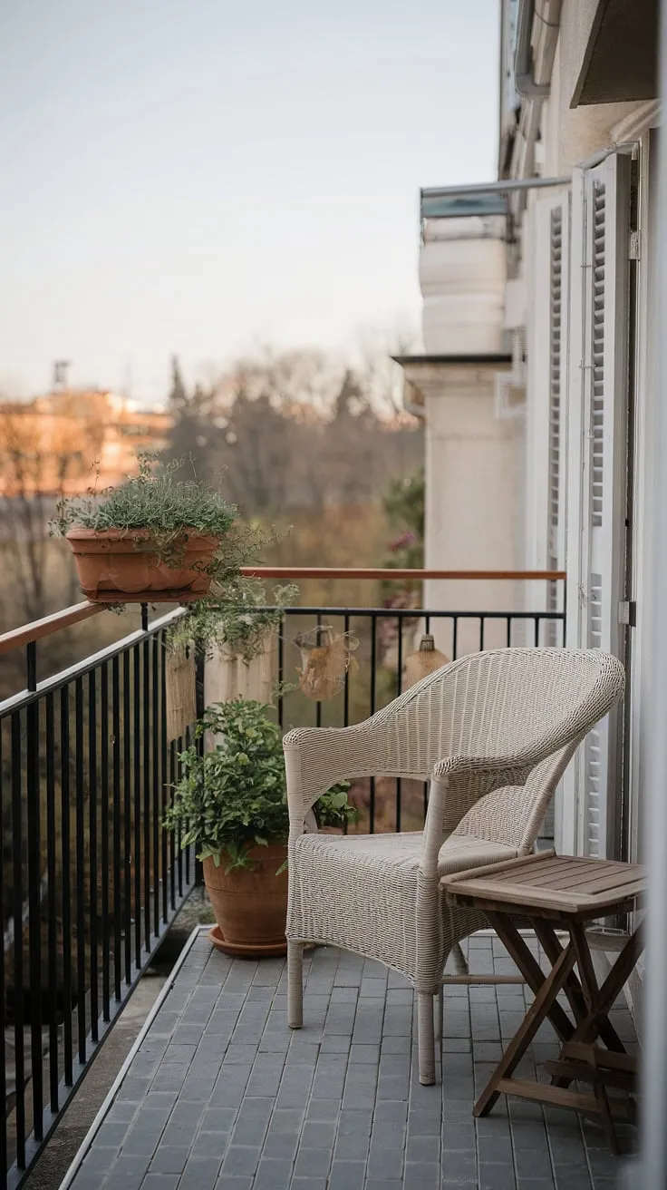 Urban oasis found: This terrace apartment's small balcony decor proves that even the smallest space can be a stylish retreat. Clever balcony ideas and furniture for small balconies transform this apartment terrace design into a perfect spot for quiet evenings.