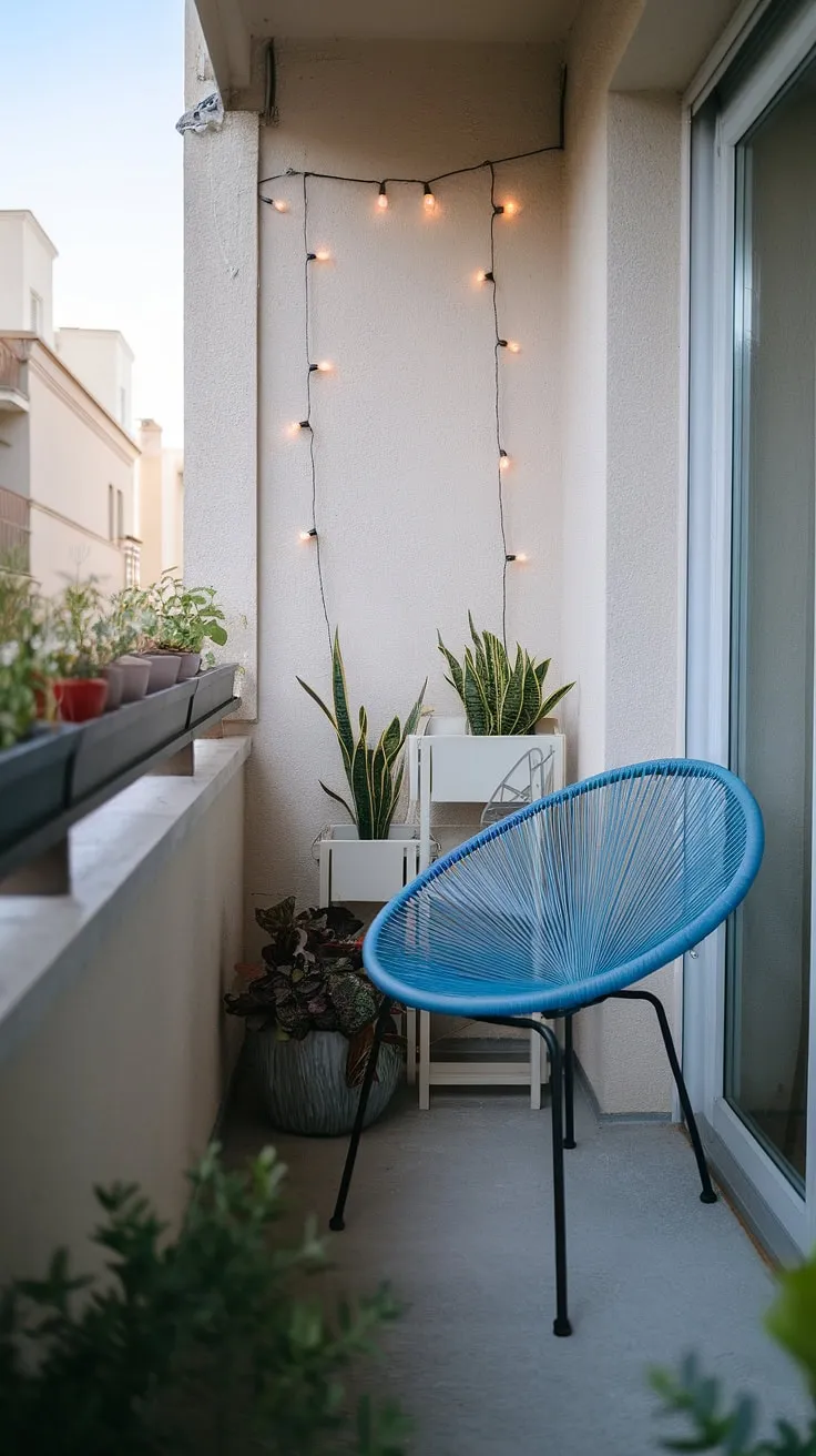 This small balcony setup is the epitome of apartment terrace design. Clever use of space and simple furniture for small balconies, like the blue chair and white plant stand, creates a relaxing atmosphere. The string lights add a touch of whimsy to this small balcony decor, making it a perfect example of creative balcony ideas and how to decorate a small balcony. For those seeking balcony ideas or small porch ideas for their terrace apartment, this image offers inspiration for balcony designs and terrace apartment ideas. It's a beautiful illustration of maximizing a small space with thoughtful small balcony setup.