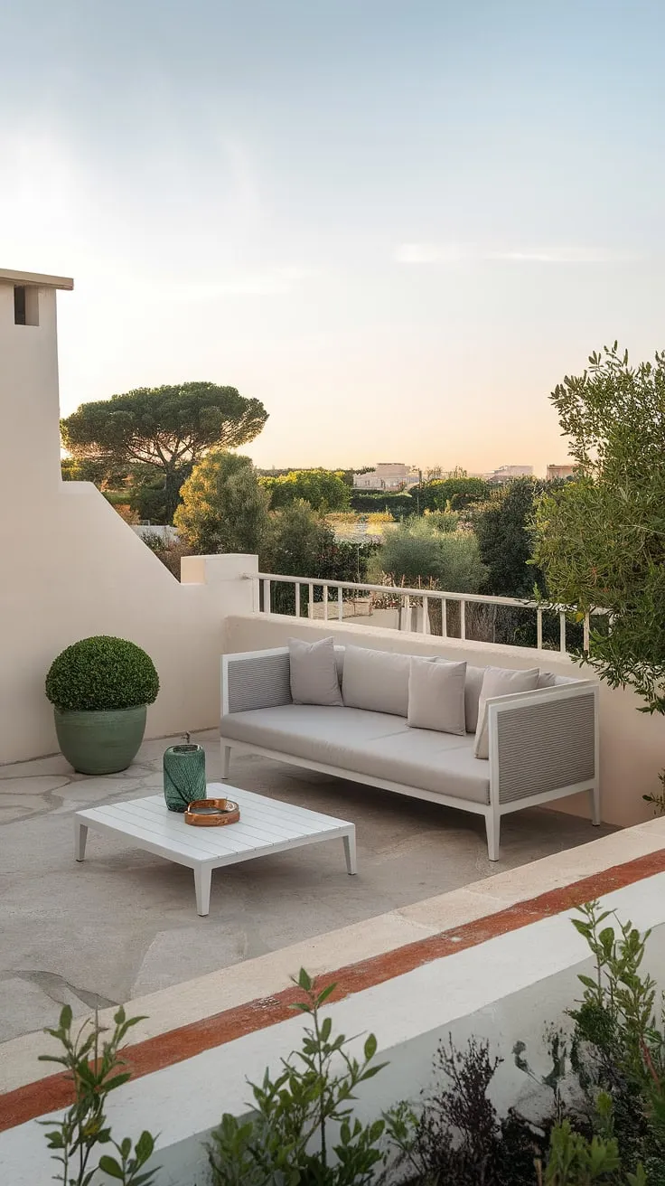 This terrace apartment boasts a charming small balcony, showcasing clever apartment terrace design. The sleek white sofa and coffee table, perfect examples of furniture for small balcony spaces, create a relaxing oasis. A green plant adds a touch of nature to this small balcony setup, illustrating creative balcony ideas and how to decorate a small balcony. The stone terrace below and the serene landscape beyond complete this idyllic balcony designs and small porch ideas vision. This is a prime example of terrace apartment ideas and offers inspiration for anyone looking for small balcony decor.