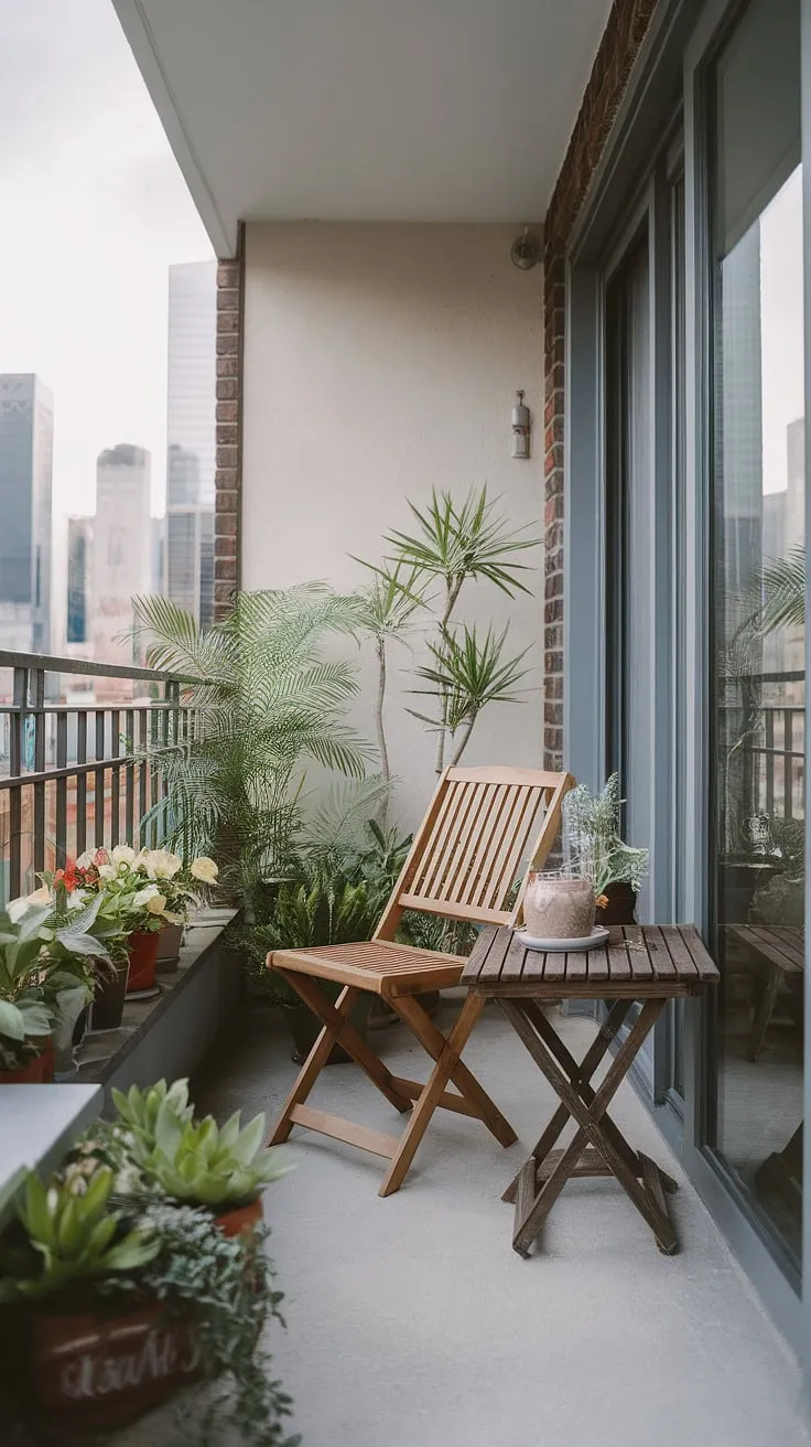Looking for terrace apartment ideas? This image showcases a minimalist yet inviting small balcony decor. The simple furniture for small balcony—a wooden chair and table—along with lush greenery, creates a peaceful retreat. This apartment terrace design offers practical balcony ideas and creative balcony ideas for those seeking small porch ideas. Learn how to decorate a small balcony with this inspiring small balcony setup, perfect for maximizing space in your terrace apartment. The city view adds a touch of urban charm to this balcony designs.