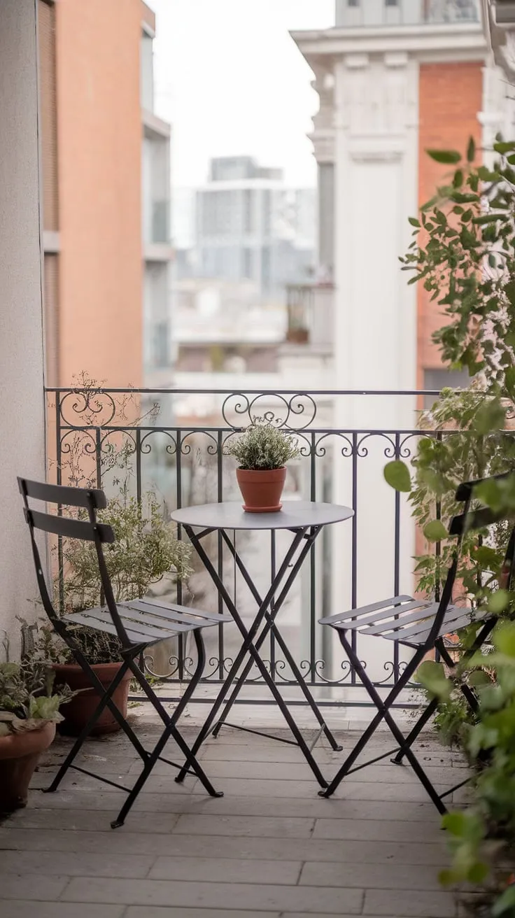 Find your urban sanctuary with these relaxing balcony ideas. This small outdoor balcony, complete with a bistro table and chairs, offers a perfect spot to unwind. Explore these small patio ideas and apartment balcony ideas for inspiration on how to maximize your space. The elegant metal railing and potted plant add to the charm, making it a stylish example of balcony decorating ideas and condo terrace ideas. Transform your small balcony into a peaceful retreat with these simple yet effective small balcony decoration tips.