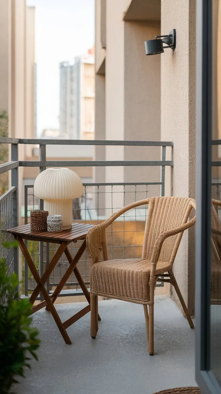 Transform your small outdoor balcony into a personal sanctuary with these simple yet elegant small balcony decoration ideas. This cozy terrace balcony features a wicker chair and a wooden table, perfectly sized for a relaxing evening. The white lamp and decorative items add a touch of personality, while the metal railing provides a stunning view of the city. Explore these outdoor balcony ideas and apartment balcony ideas for inspiration on creating your own relaxing balcony, even with limited space. This is a perfect example of condo terrace ideas and small patio ideas, showcasing how to maximize your space for ultimate relaxation.