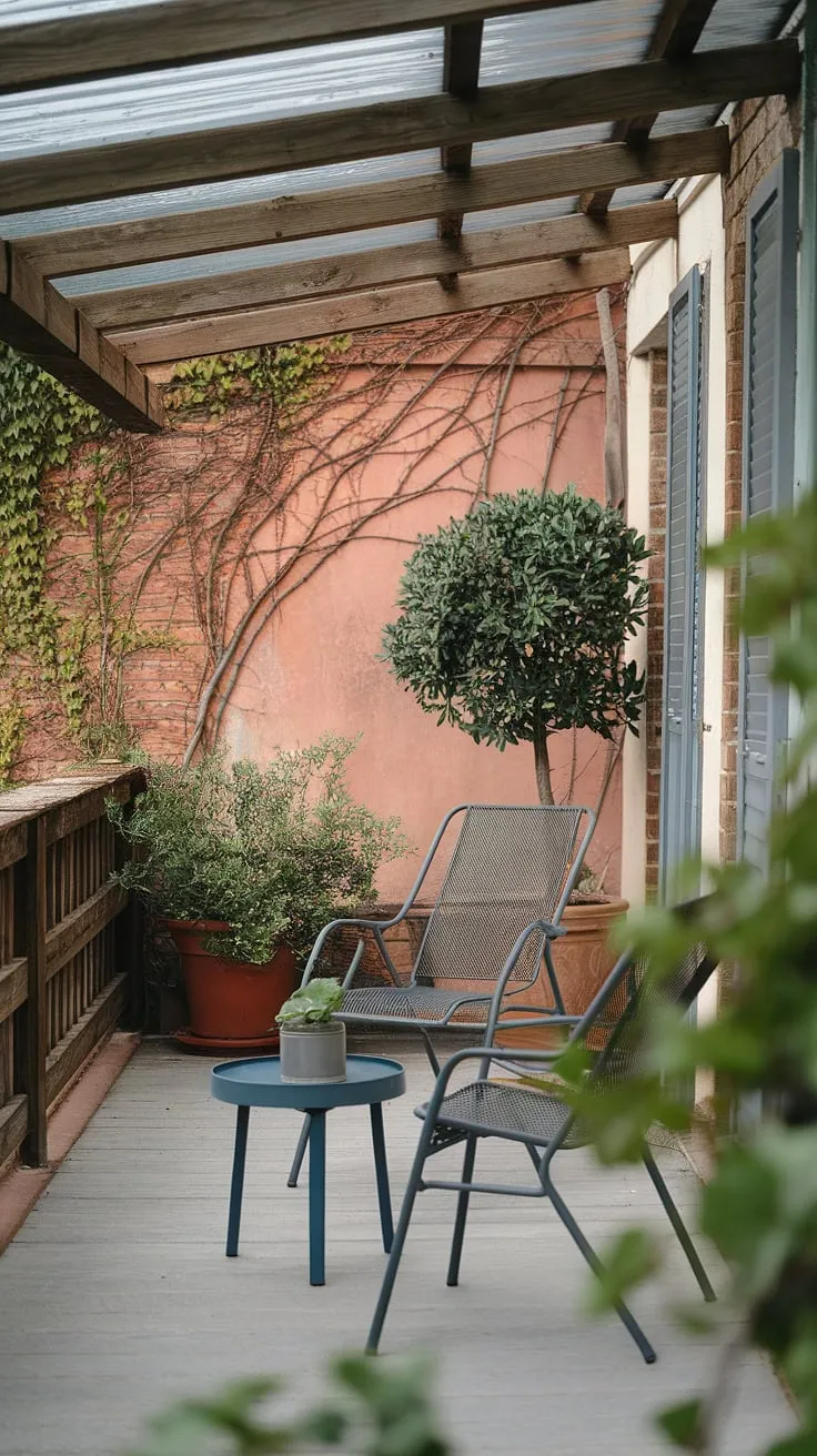 This cozy terrace balcony offers a wealth of small balcony decoration and small outdoor balcony ideas. The rustic wooden beams and ivy-covered brick wall provide a stunning backdrop for simple furniture and a potted plant. Consider this image for your next balcony decorating ideas, outdoor balcony ideas, apartment balcony ideas, or condo terrace ideas. It's the perfect example of relaxing balcony ideas for creating a peaceful and inviting small patio.
