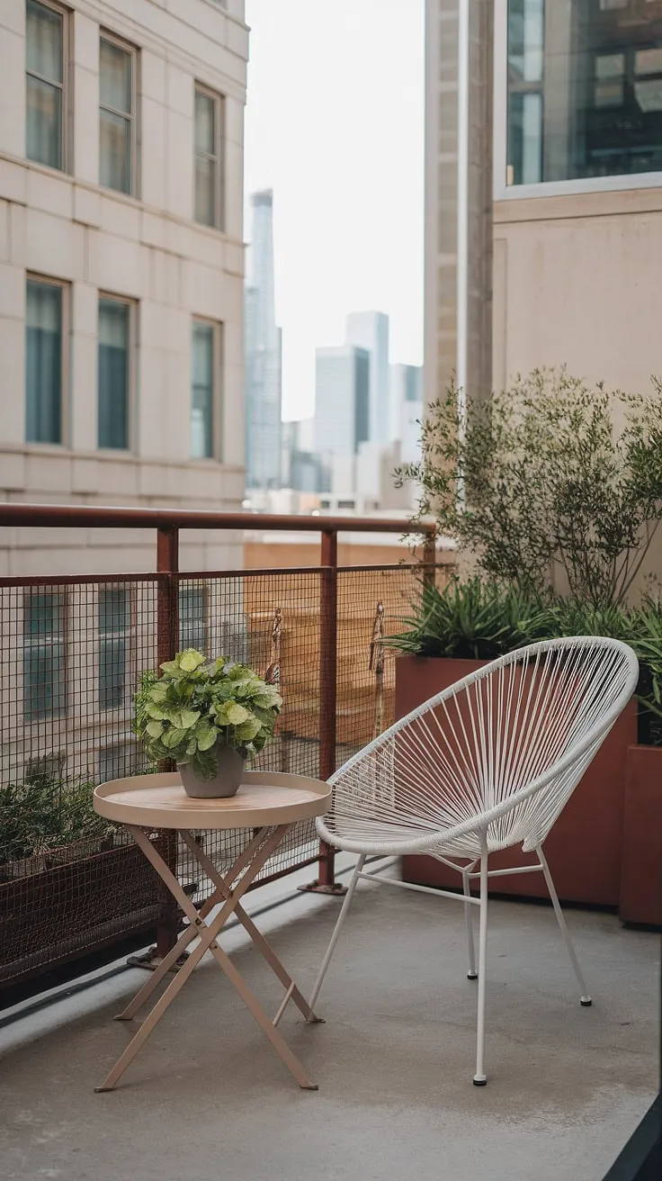 Transform your small outdoor balcony into a personal sanctuary. This terrace balcony showcases clever balcony decorating ideas and small patio ideas, proving that even limited space can offer breathtaking city views.