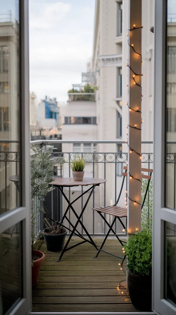 Maximize your urban oasis with these small outdoor balcony ideas. This cozy terrace balcony, complete with a wooden floor and city views, proves that even a small space can be a haven. Simple yet stylish small balcony decoration, including a potted plant and fairy lights, creates a relaxing atmosphere. Find inspiration for your own apartment balcony ideas and condo terrace ideas, exploring these balcony decorating ideas for a tranquil escape. Perfect for those seeking small patio ideas.