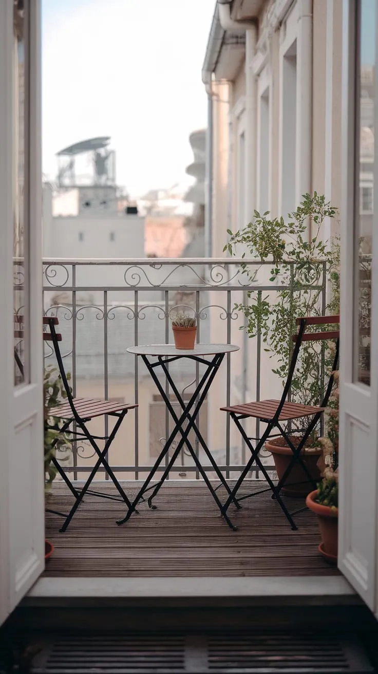 Escape the city bustle on this charming terrace balcony. Small space, big impact: find inspiration for your own balcony decorating ideas with this relaxing balcony setup. Perfect for small patio ideas and apartment balcony ideas alike.