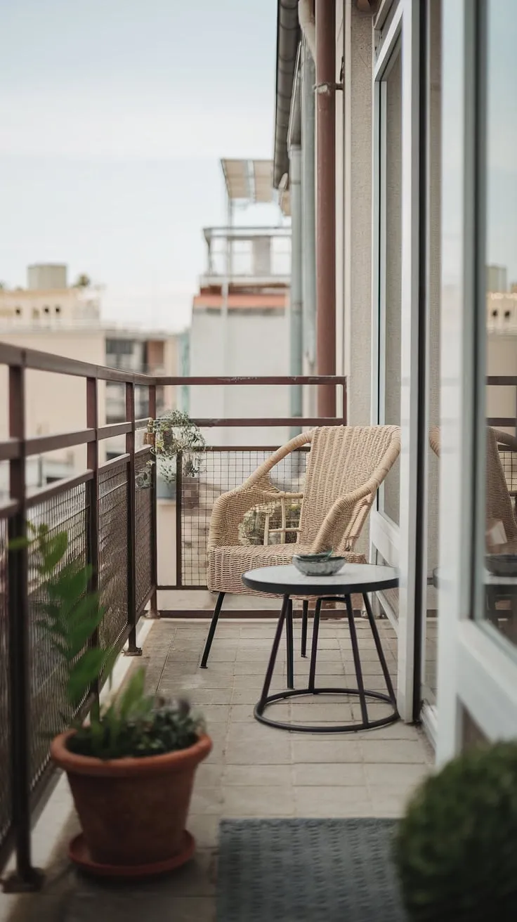 Urban serenity found on this charming terrace balcony. Small space, big impact: perfect examples of balcony decorating ideas, outdoor balcony ideas, and small balcony decoration for apartment balcony ideas or condo terrace ideas. Relaxing balcony ideas and small patio ideas come together in this peaceful retreat.
