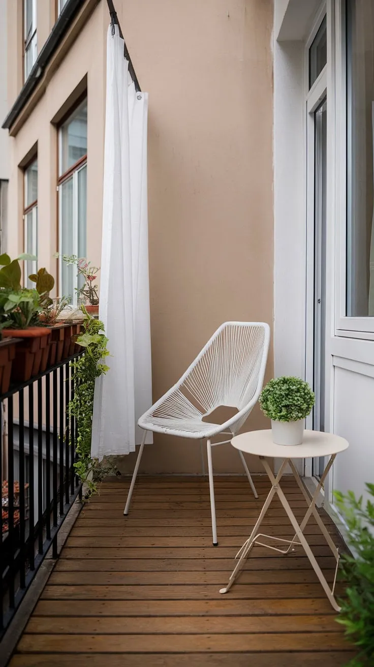 Transform your small terrace balcony into a relaxing oasis with these simple balcony decorating ideas. This apartment balcony showcases how a few potted plants and a touch of white can create a serene outdoor space.