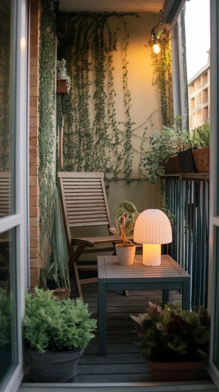 Transform your small outdoor balcony into a private sanctuary with these simple yet effective small balcony decoration ideas. This inviting space, featuring a wooden chair and a small coffee table with a white lampshade, is a testament to the power of plants in balcony decorating ideas. The verdant walls and warm lighting create a relaxing atmosphere, making it an ideal spot for quiet contemplation. Explore these outdoor balcony ideas and apartment balcony ideas for your own condo terrace ideas or small patio ideas, proving that even the smallest spaces can be beautifully designed.