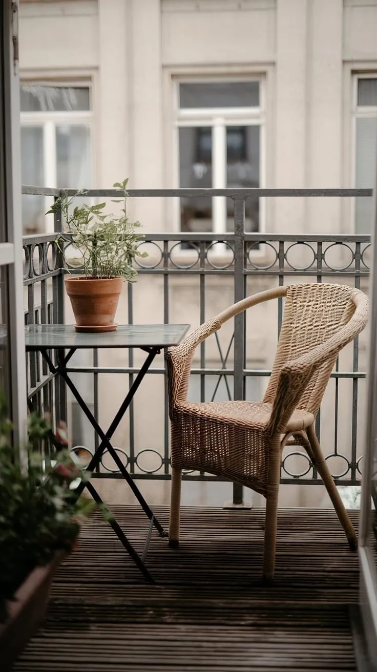 Maximize your space with these small balcony decoration ideas! This cozy condo terrace, a testament to smart outdoor balcony ideas and apartment balcony ideas, features a wicker chair and table on a wooden floor, creating a relaxing balcony setting. The potted plant adds a touch of nature, while the decorative metal railing enhances the overall appeal. This small patio exemplifies how even limited space can be transformed into a beautiful and functional area, offering inspiration for small outdoor balcony ideas and balcony decorating ideas.