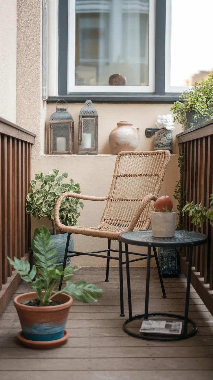 Escape the everyday on this charming terrace balcony. This small outdoor balcony, perfect for apartment balcony ideas or condo terrace ideas, showcases relaxing balcony ideas with simple yet stylish small balcony decoration. A wicker chair and small table create a cozy seating area, complemented by a potted plant and decorative wall accents. This is a prime example of small patio ideas and small outdoor balcony ideas, proving that even the smallest space can be transformed into a tranquil retreat. Get inspired by these balcony decorating ideas for your own outdoor oasis.