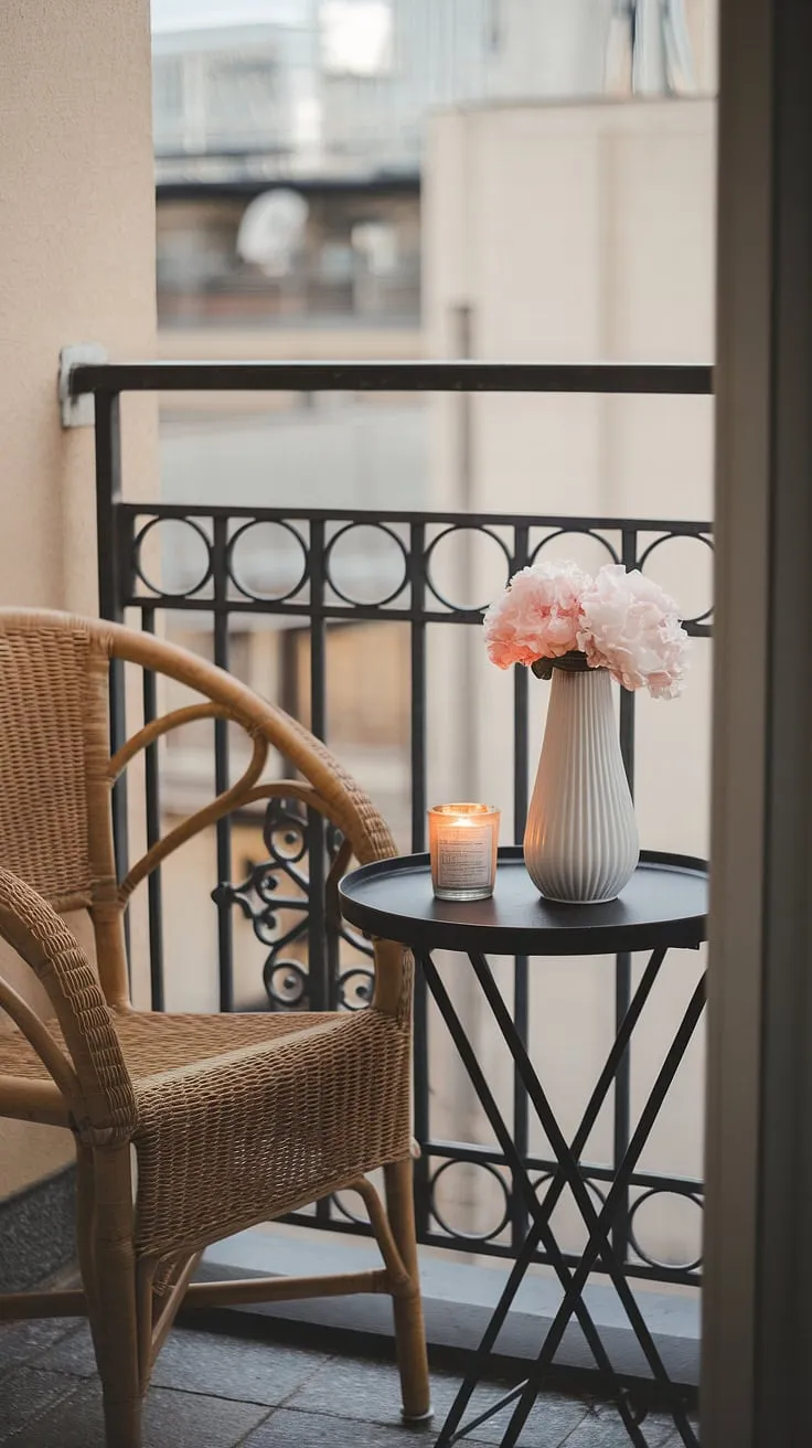 Escape the city bustle on this charming terrace balcony. A wicker chair, a vase of pink flowers, and a flickering candle create a relaxing atmosphere, perfect for quiet evenings. This small balcony decoration showcases clever balcony decorating ideas and offers inspiration for small patio ideas, apartment balcony ideas, and condo terrace ideas, proving that even a small outdoor balcony can be a tranquil oasis. Finding relaxing balcony ideas for your own space has never been easier.