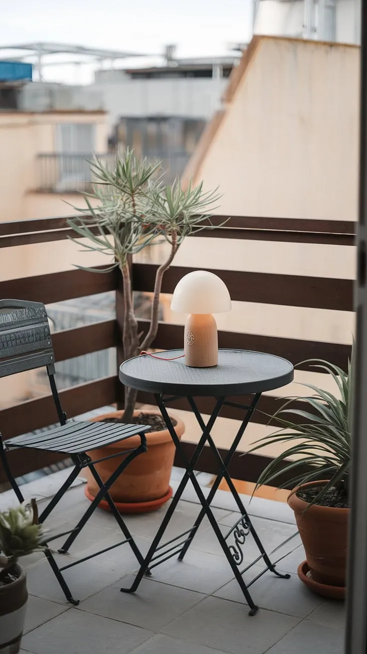 Transform your small outdoor balcony into a tranquil oasis with these simple yet effective small balcony decoration ideas. This image demonstrates how a few carefully chosen items—a small round table with a lamp, a chair, and a potted plant—can create a relaxing atmosphere on a terrace balcony. Perfect for apartment balcony ideas, condo terrace ideas, or simply as inspiration for small patio ideas, this setup proves that even limited space can be maximized for outdoor balcony ideas. Consider this a guide for achieving a stylish and relaxing space with your small balcony decoration.