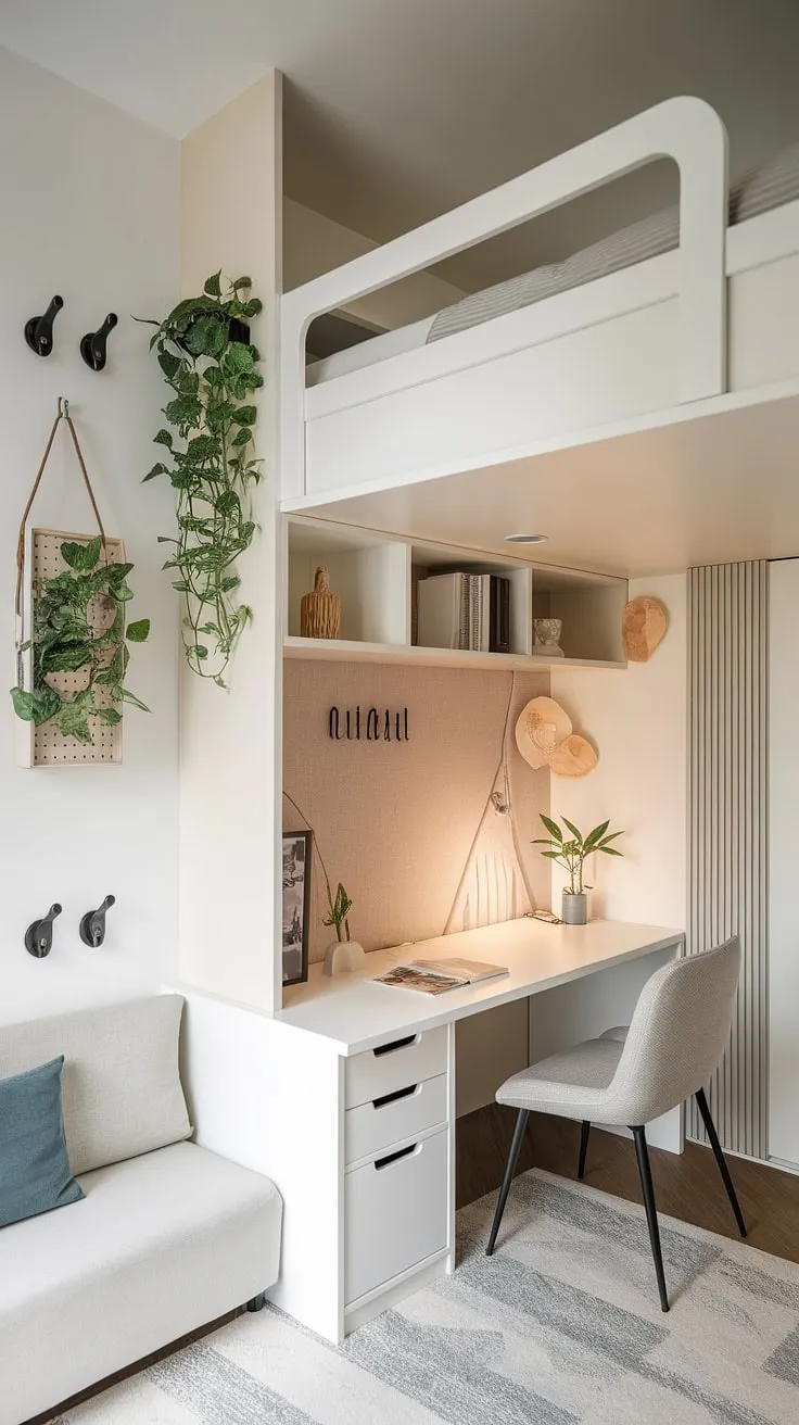 This modern terrace bedroom utilizes a loft bed for small rooms to its full potential. Elevated bed ideas and high bed ideas are seamlessly integrated with a built-in desk and storage, offering a practical under bed desk ideas solution. The white bed and minimalist decor contribute to a bright and airy feel, making the most of this small space with stylish bed area decor.